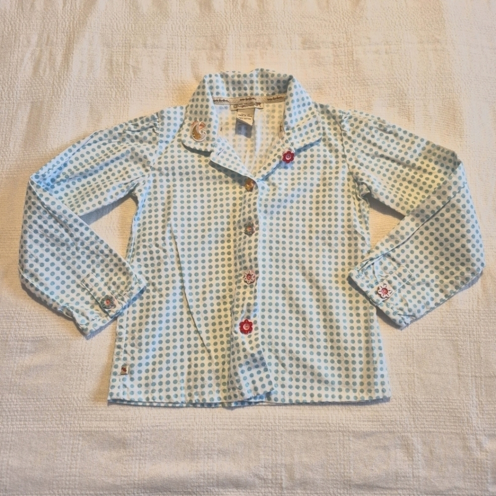 Coco Bonbons girls size 6 white with mint green dots, flower buttons, VGUC
